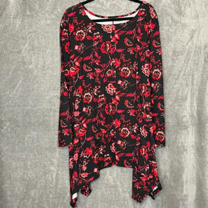 Roamans 3X Shirt Top Black Red Floral Long Sleeve Round Neck Asymmetrical Hem‎